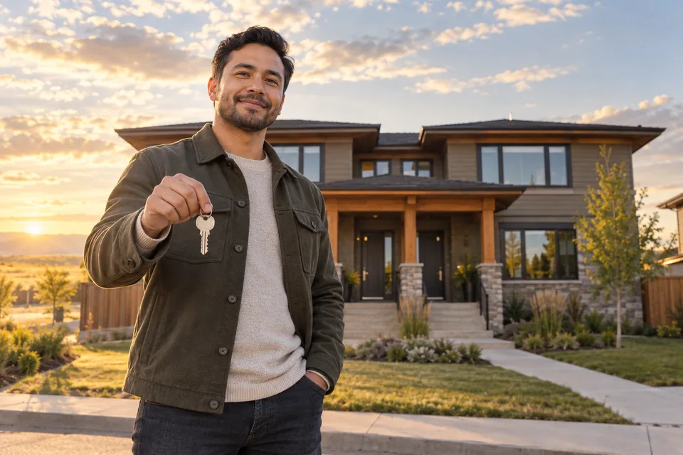 A landlord stands outside her rental property in Alberta, holding the keys