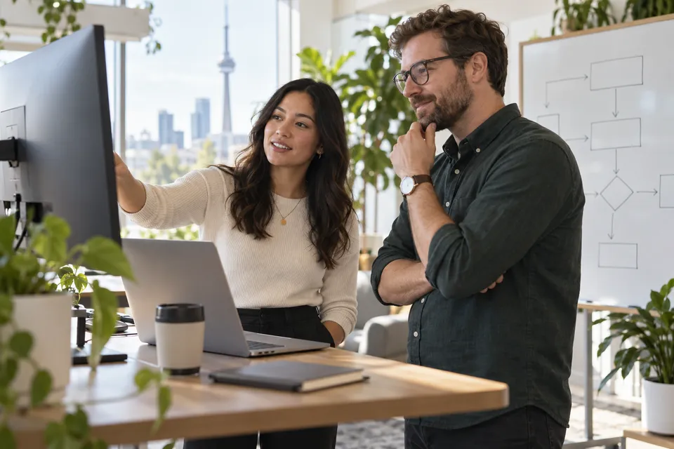 Two developers planning an integration at a standing desk in a bright office