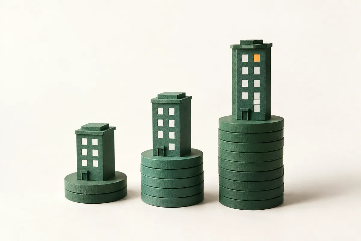 Paper apartment buildings standing on stacks of green paper coins that grow taller from left to right