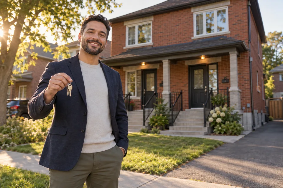 A landlord stands outside her Ontario rental property, holding the keys