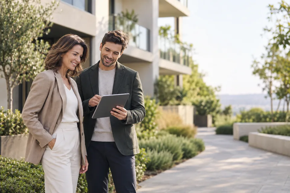Two property managers review an application together outside a modern apartment building
