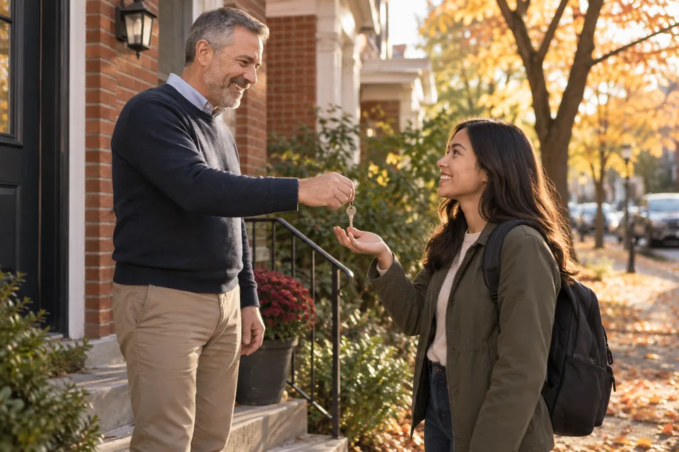 A landlord hands a single key to a smiling new tenant on the front steps of a brick rental house
